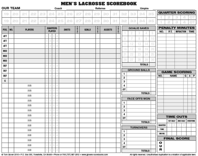 Glover’s Mens Lacrosse Scorebook – 26 Games