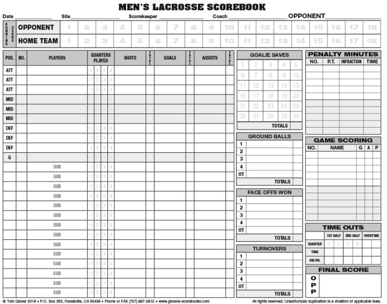 Glover’s Mens Lacrosse Scorebook 26 Games